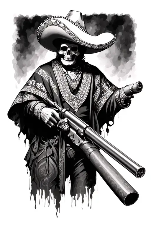 Mariachi Skull In Poncho Aiming A Long Barrel Gun