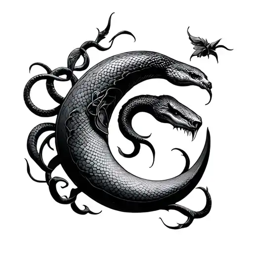 Crescent Moon With A Snake Intertwined