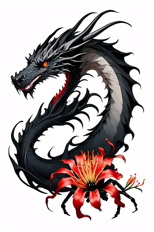 Black Smoke Dragon With Red Spider Lily