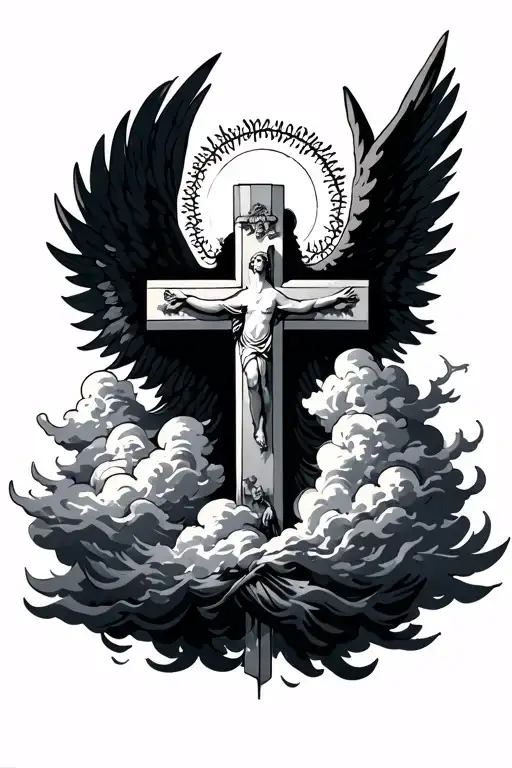 Cross With Clouds Surrounding And A Angel Halo Symbolizing