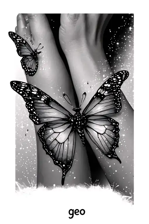 Butterfly's With Sparkles Around Wrist And Arm With The Name Geo Hidden