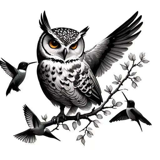 Lemon Tree With Hummingbirds Flying Owl