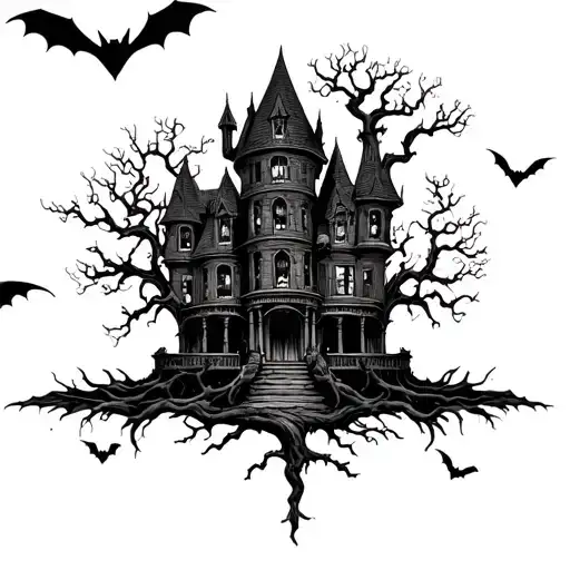 Poison Tree With Bats Flying By A Haunted Mansion