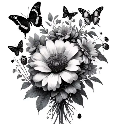 Flower Bouquet And Butterflies And Lady Bugs Around