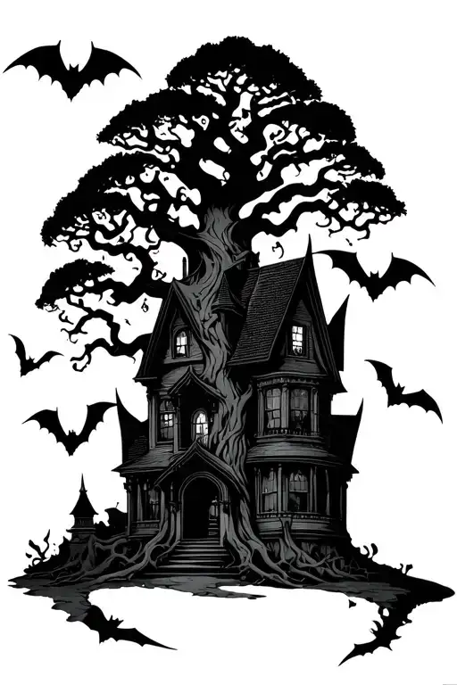 Poison Tree With Bats Flying By A Haunted Mansion