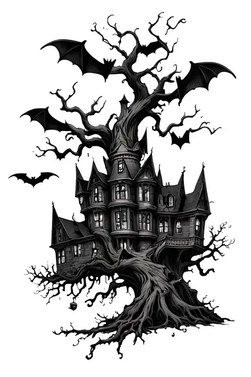 Poison Tree With Bats Flying By A Haunted Mansion