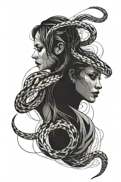 2 Snakes In Abstract Lines Forming A Woman's Silhouette