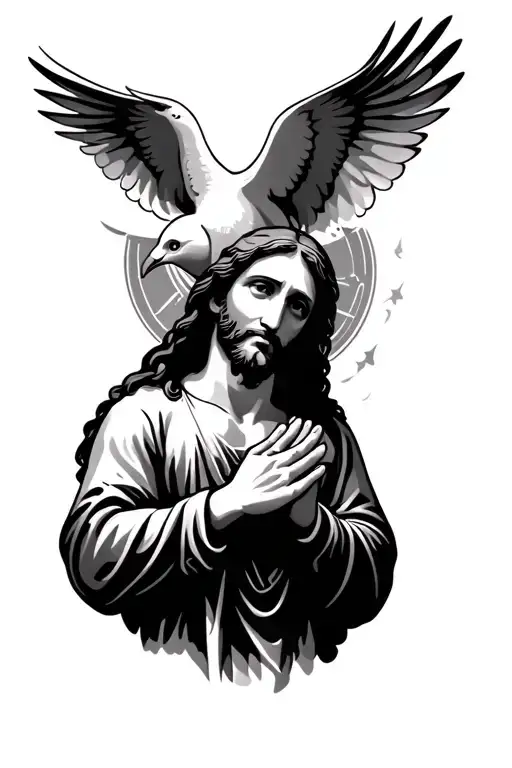 A Dove With A Portrait Of Jesus Above It With Hands Praying