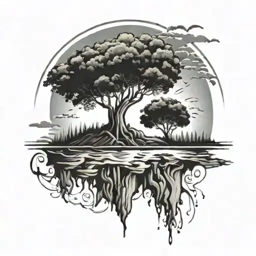 Tree On A Flying Island Sun Background Black