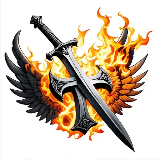 Realistic Cross Made Of Swords On Fire With Wings