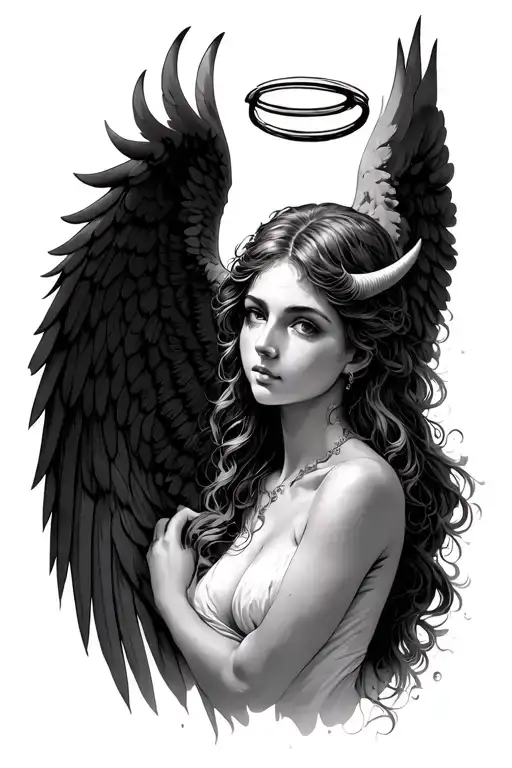 Female Angel Wings Expanded With A Halo And Horns
