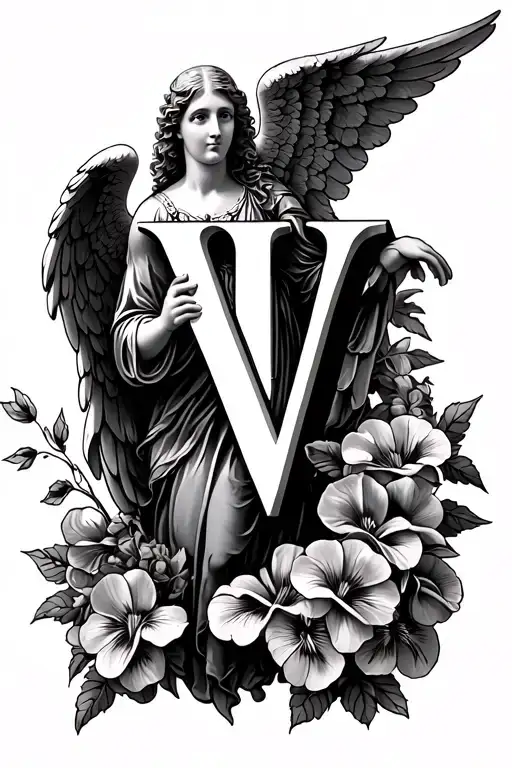 A Detailed Angel Holding The Letter V With Viola Flowers Surronding The Angel
