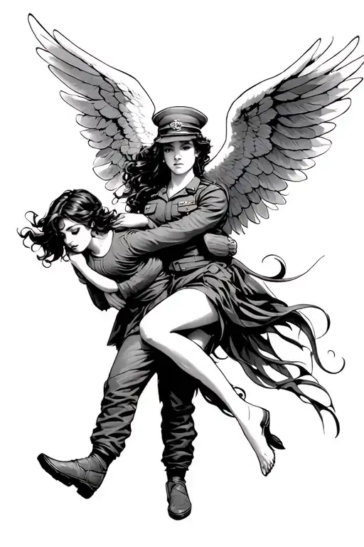 Girl In The Arms Of An Angel In Military Uniform