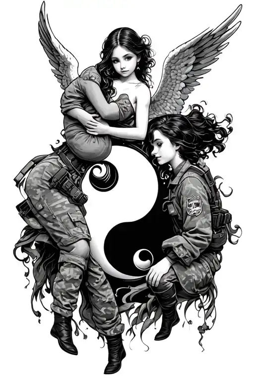 Girl In The Arms Of An Angel In Military Uniform Yin Yang