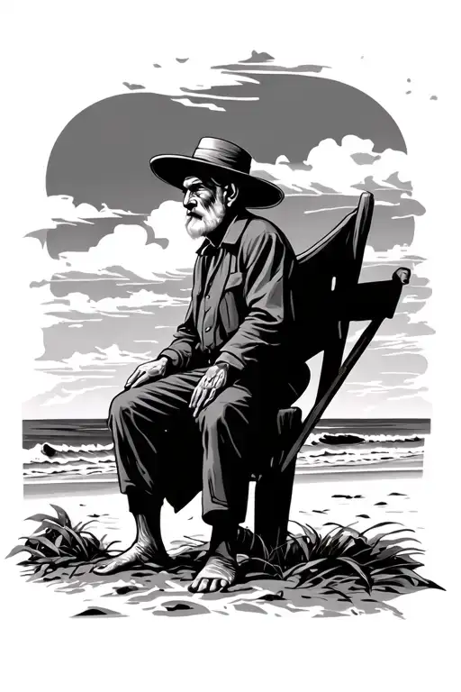 Old Man With A Hat In The Beach Sunset Sky