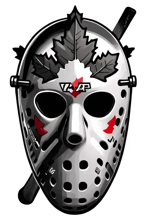 Goalie Mask With One Big Maple Leaf And Hockey Stick