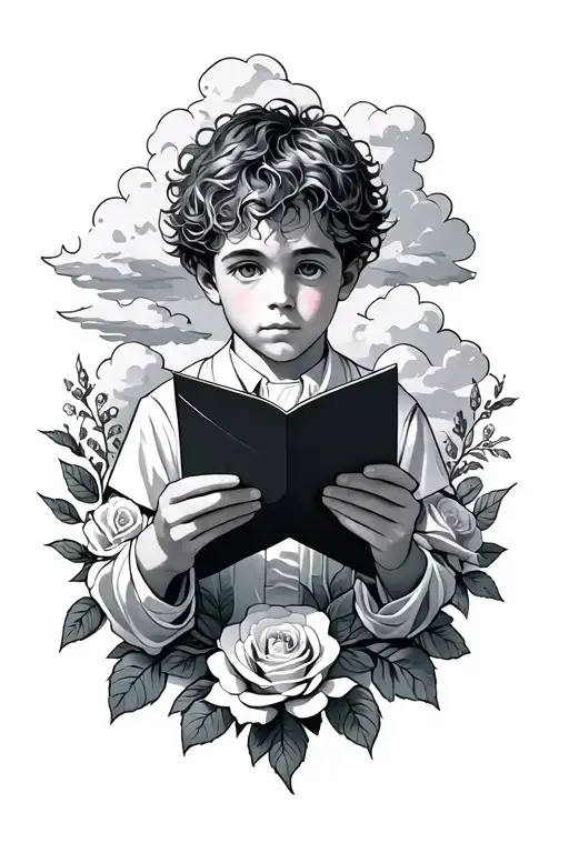 Boy Opening A Letter Surrounded By Roses And Clouds