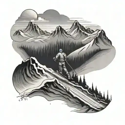 A Tattoo Design Of A Ski Slope With Greek Mythology Figures In The Background