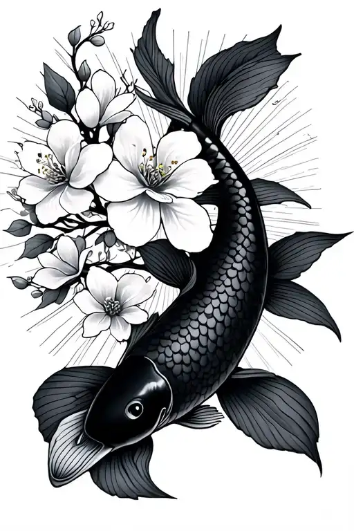 Sun Rays With Cherry Blossoms And Koi Fish