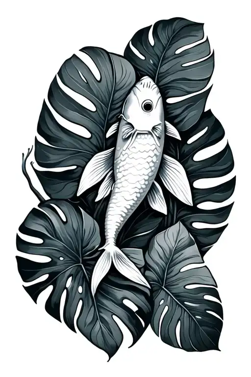 Coy Fish And Monstera Plant