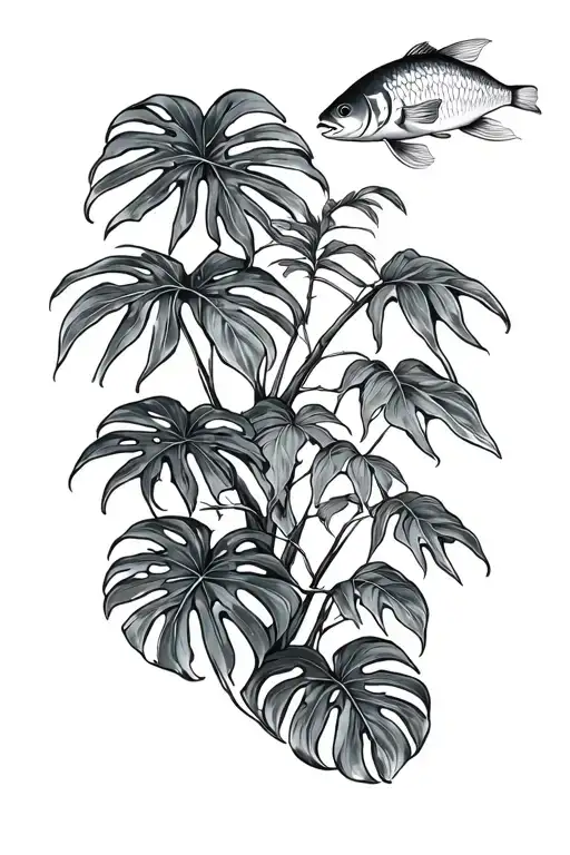 Coy Fish And Monstera Plant Growing Trees With Leafs