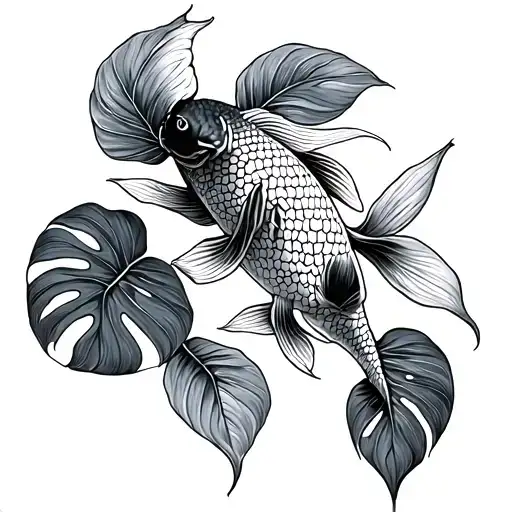 Koi Fish With Monstera Leaf