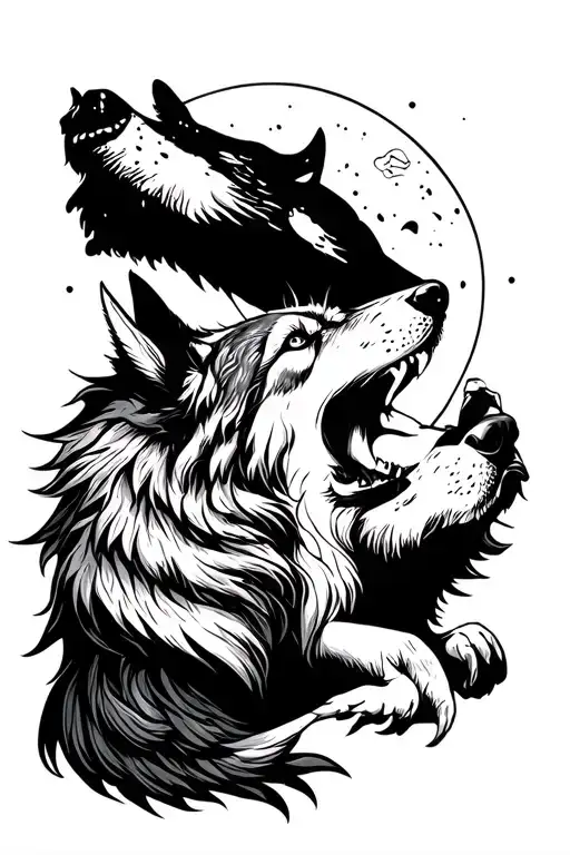 Man And Wolf Howling At The Moon