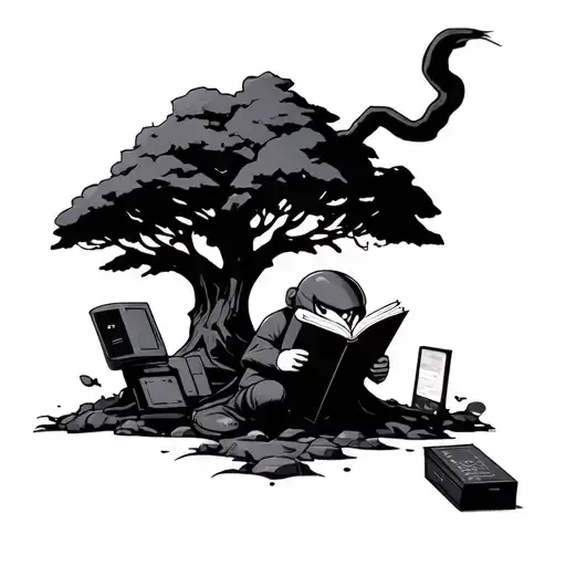 A Minimalist Tattoo Of A Video Game Character Reading A Book Under A Tech Item Tree