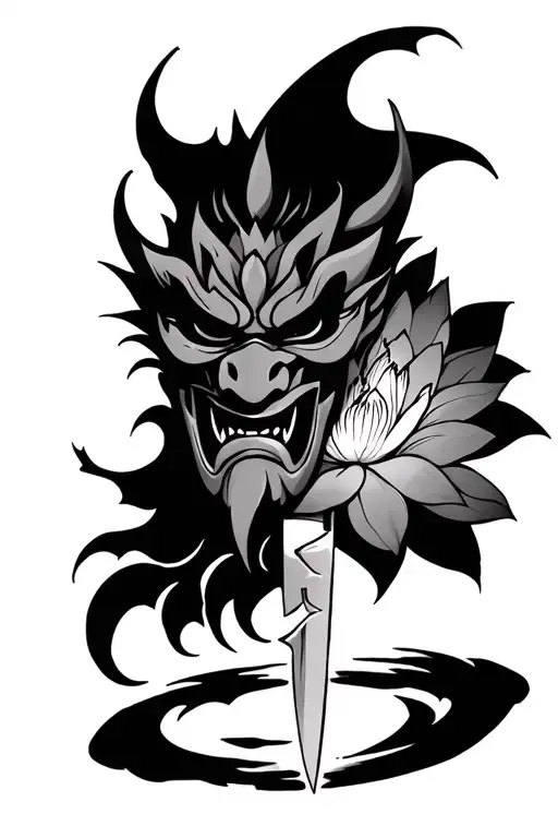 Oni Mask Cut In 2 With Katana And Lotus Flower In The Center