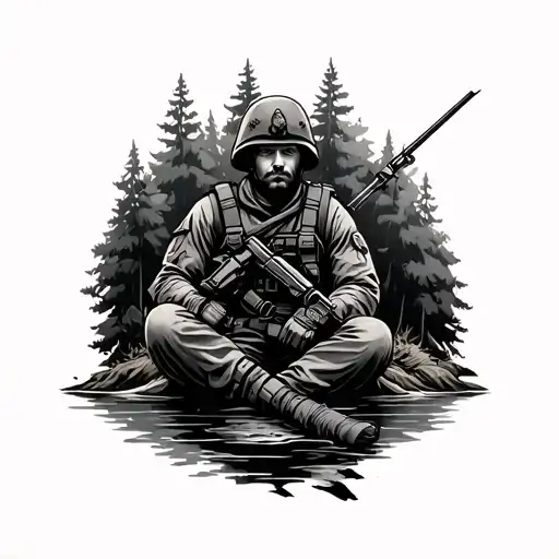 Soldier Sitting Cross Legged Floating In Forrest