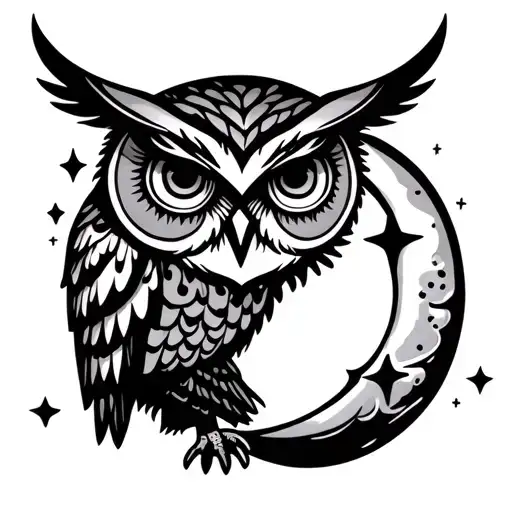 Line Owl And Half Moon Surrounded By Stars