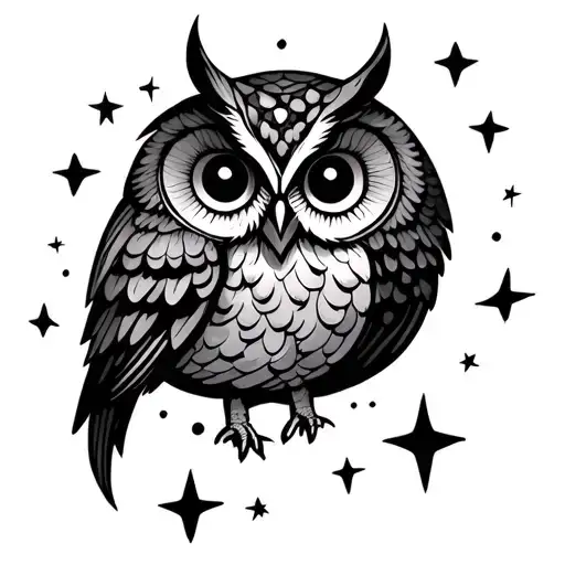 Line Owl And Half Moon Surrounded By Stars