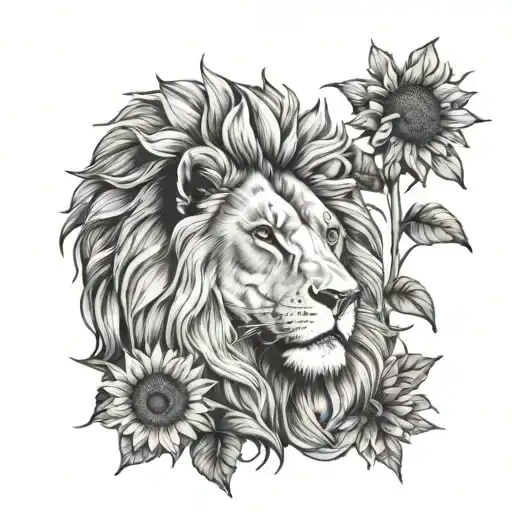 Lion And Sunflowers Blooming