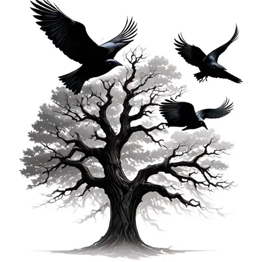 Tree And Ravens Flying