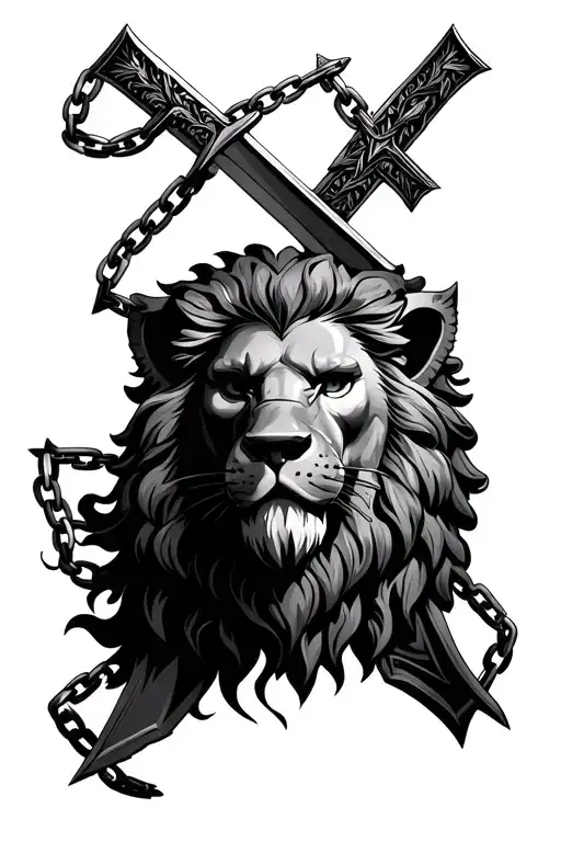 Sword As A Cross Going Through A Lion Head With Chains