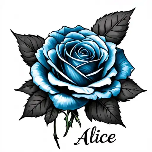 Blue Rose Tattoo With Name Alice Attached To It