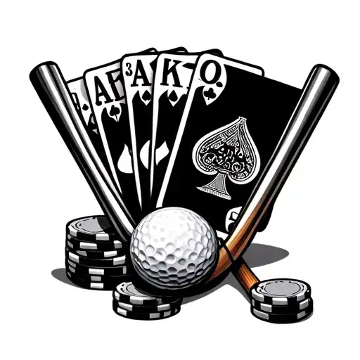 Blackjack And Poker With Poker Chips Underneath And Golf Clubs Crossing On Top