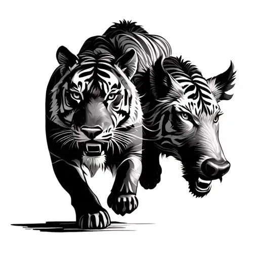 Tiger And Boar Charging
