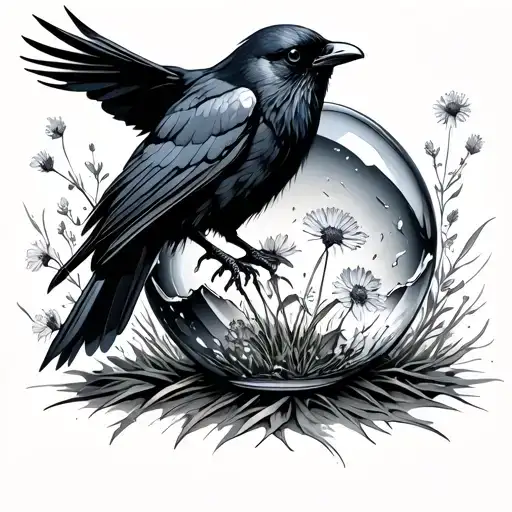 Crow Coming Out Of Broken Crystal Ball With Wildflowers In It