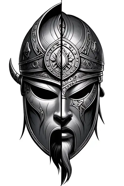 Half Viking Helmet And Half Sumarai Mask Split In Half