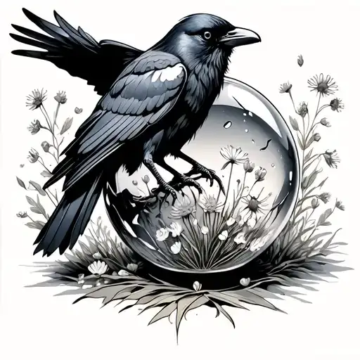 Crow Coming Out Of Broken Crystal Ball With Wildflowers In It