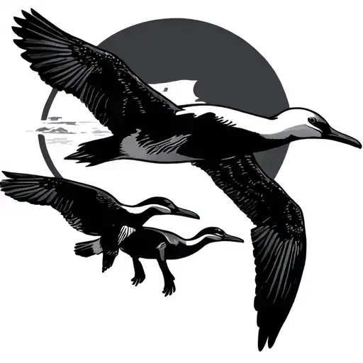 Dad Albatross Flying Over Ocean With Two Babies Following