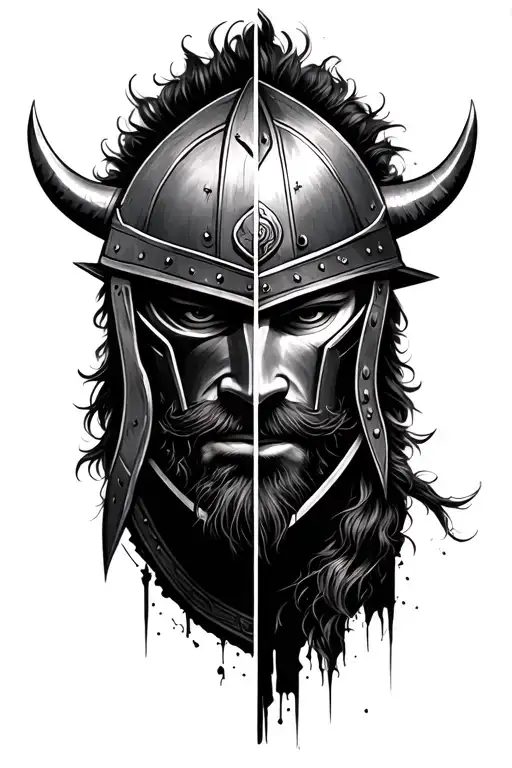 Half Viking Helmet And Half Samurai Ronin Mask Split