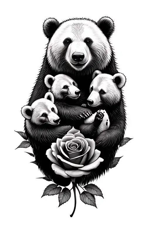 Mum Bear Protecting 3 Cubs Playing Manly Black Rose