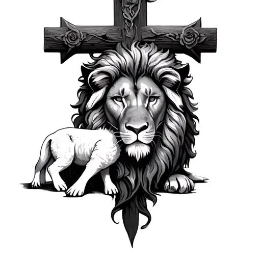 Cross With Lion And Lamb Laying