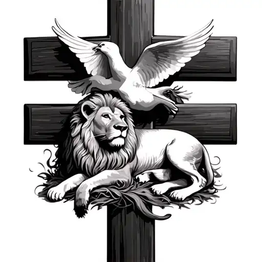Cross With Lion And Lamb Laying Infront With Dove Above The Cross