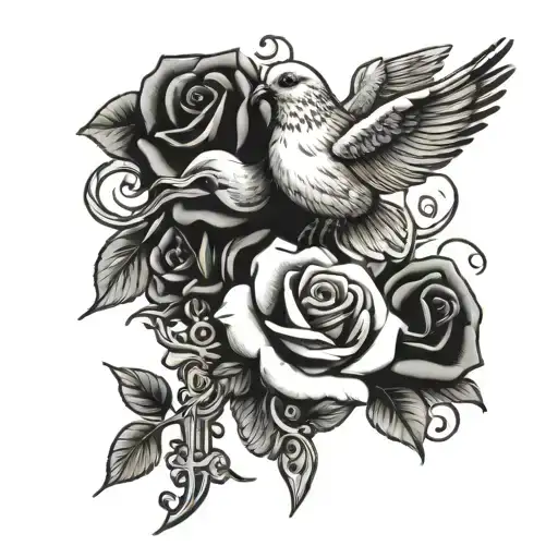 Cross With Roses And Dove Flying
