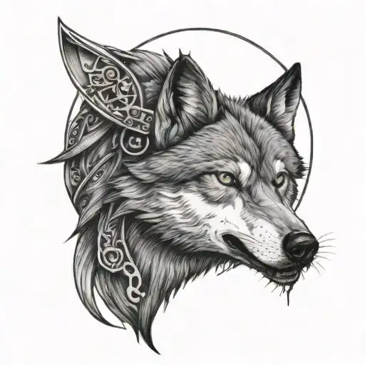 Front View Of Wolf Sitting Down With A Moon In The Background And Sword