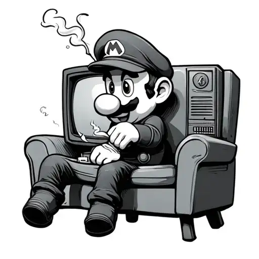 Mario Smoking Weed Out Of A Bong While Sitting On A Chair Playing On A Old Crt Tv