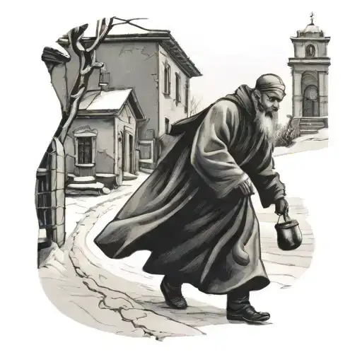 Orthodox Monk Walking To A Orthodox Chirch In Winter